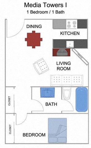 Floor plan for 1 bed, 1 bath, 729 sqft