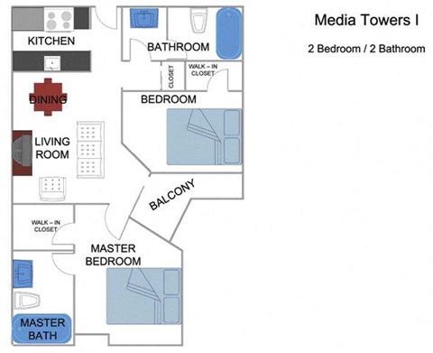 Floor plan for 2 beds, 2 baths, 1060 sqft