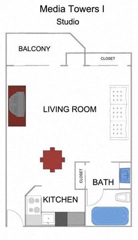 Floor plan for studio, 1 bath, 600 sqft
