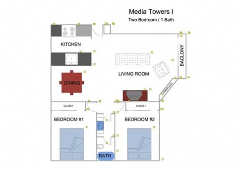 Floor plan for 2 beds, 1 bath, 887 sqft