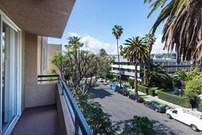 Los Angeles apartment for rent - A balcony overlooks a street with cars and palm trees.