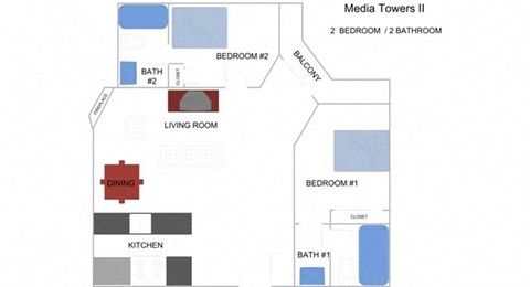 Floor plan for 2 beds, 2 baths, 1060 sqft