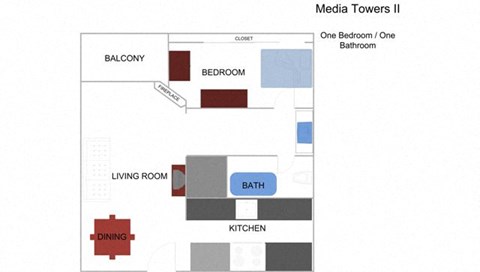 Floor plan for 1 bed, 1 bath, 653 sqft