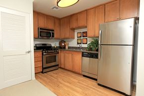 Los Angeles apartment for rent - a kitchen with stainless steel appliances and wooden cabinets