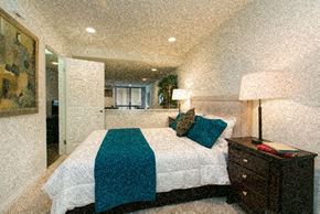 West Hollywood apartment for rent - a bedroom with a bed with a blue blanket on it