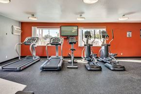 West Hollywood apartment for rent - a gym with various cardio machines and a tv