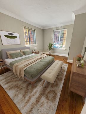 New Haven apartment for rent - A bedroom with a bed, a bench, and a rug.