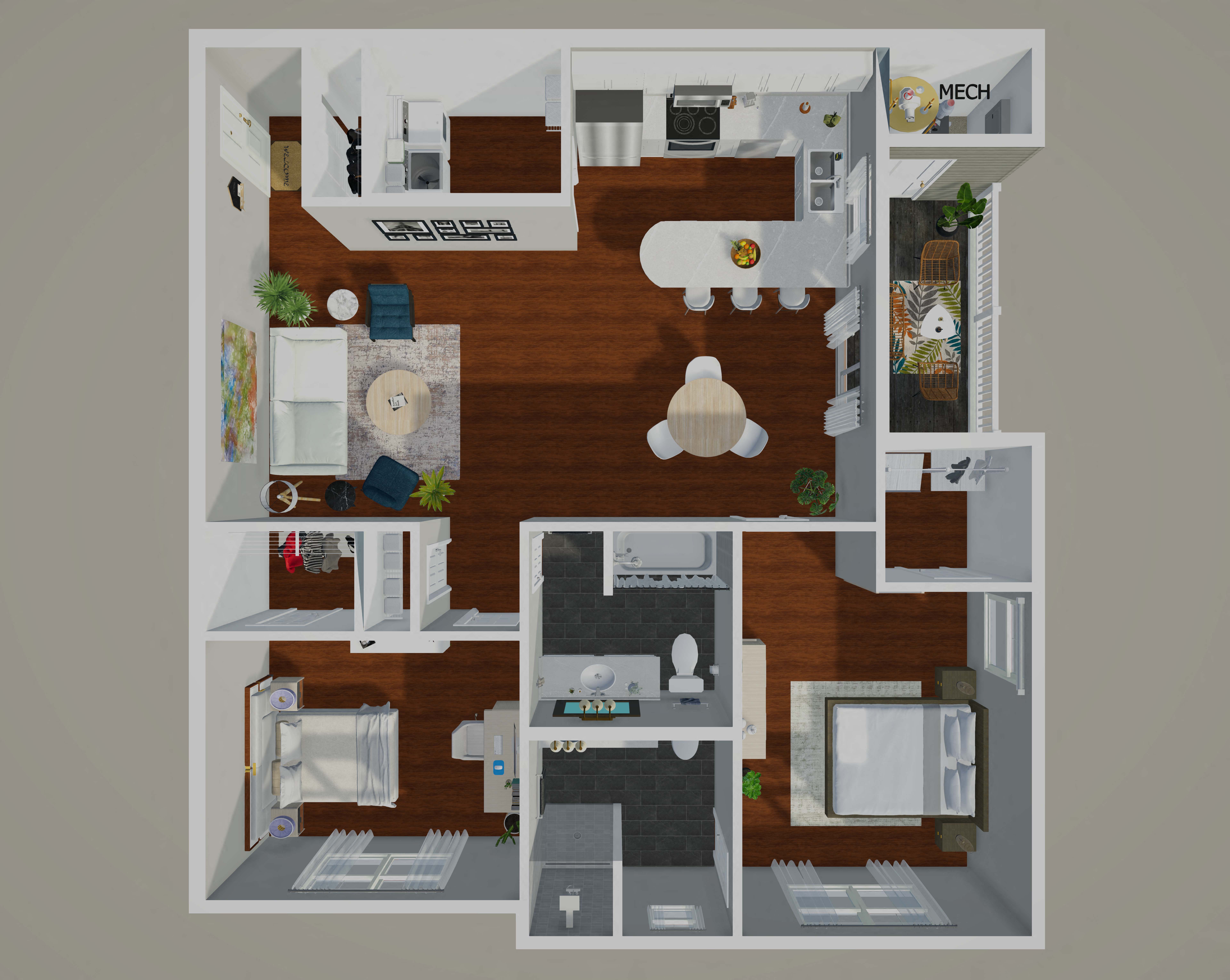 Floor plan for 2 beds, 2 baths, 1174 sqft