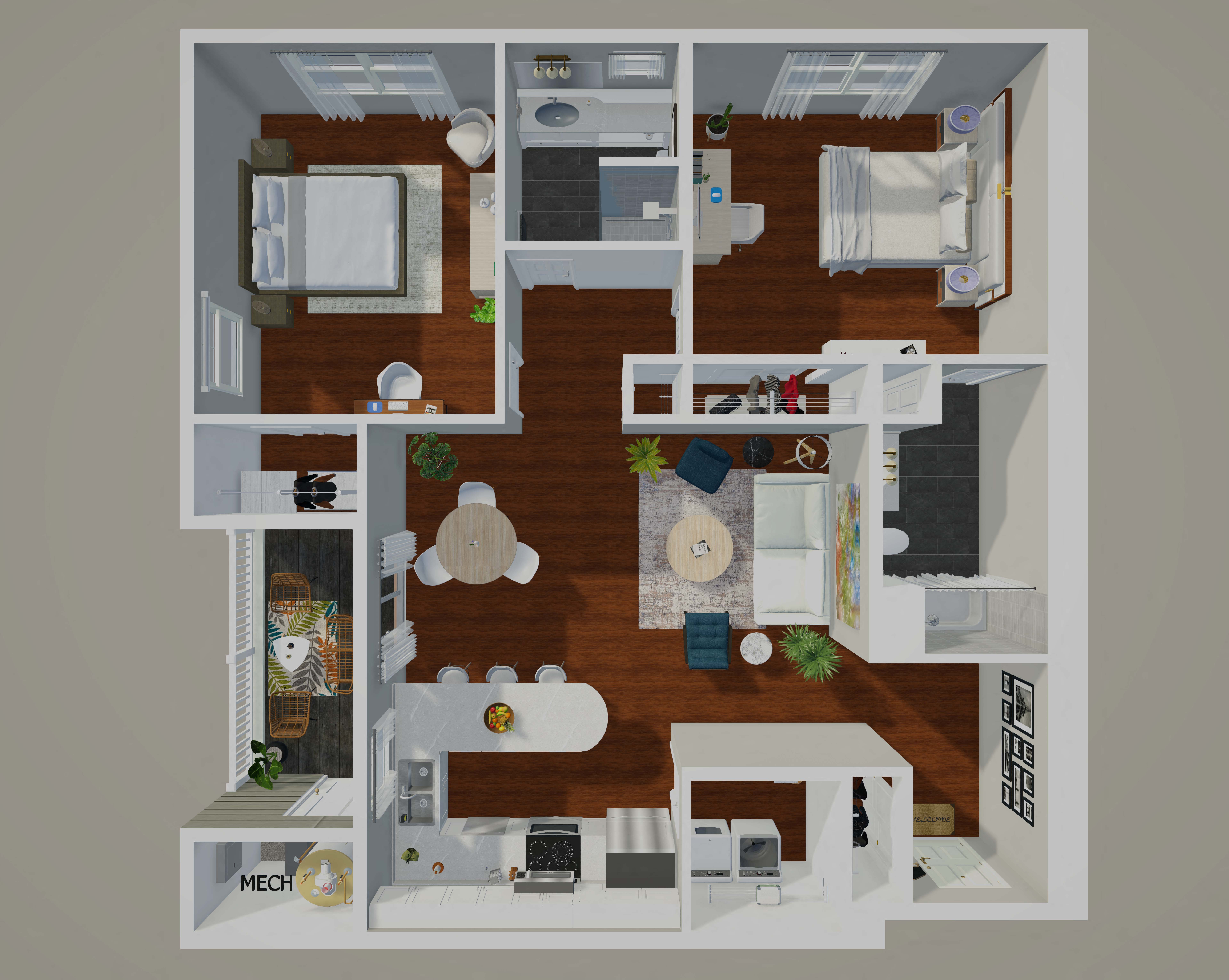 Floor plan for 2 beds, 2 baths, 1143 sqft