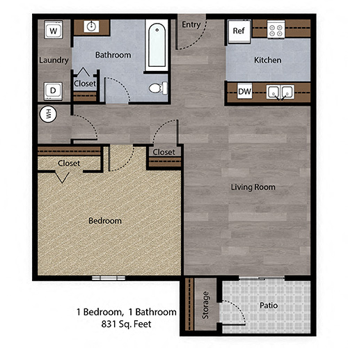 Floor plan for 1 bed, 1 bath, 831 sqft