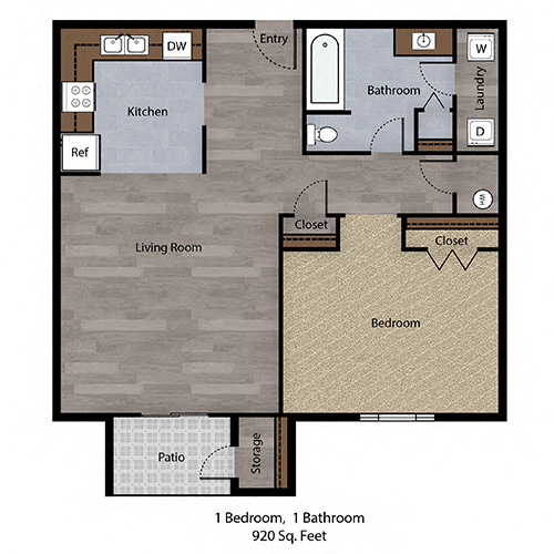 Floor plan for 1 bed, 1 bath, 920 sqft