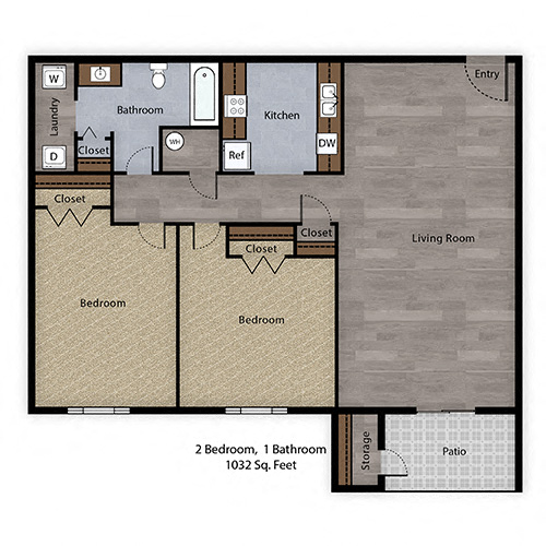 Floor plan for 2 beds, 1 bath, 1032 sqft