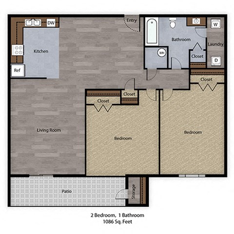 Floor plan for 2 beds, 1 bath, 1086 sqft