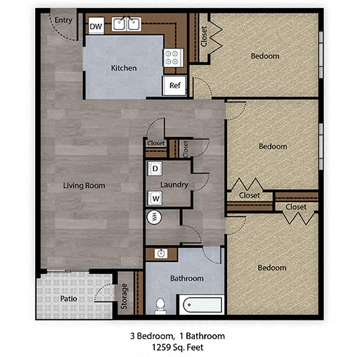Floor plan for 3 beds, 1 bath, 1259 sqft