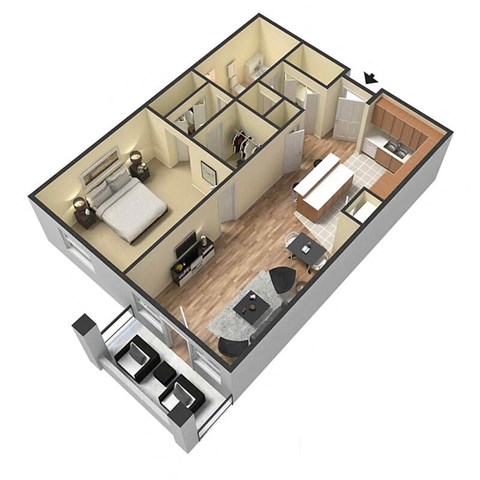 Floor plan for 1 bed, 1 bath, 740 sqft
