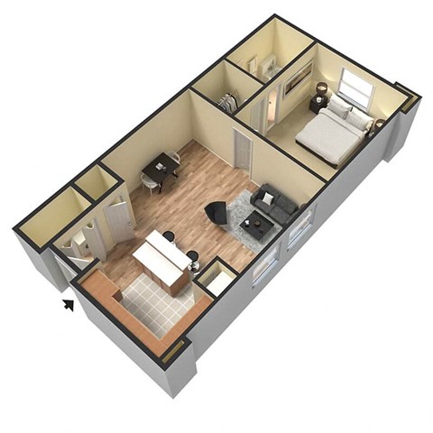 Floor plan for 1 bed, 1 bath, 644 sqft