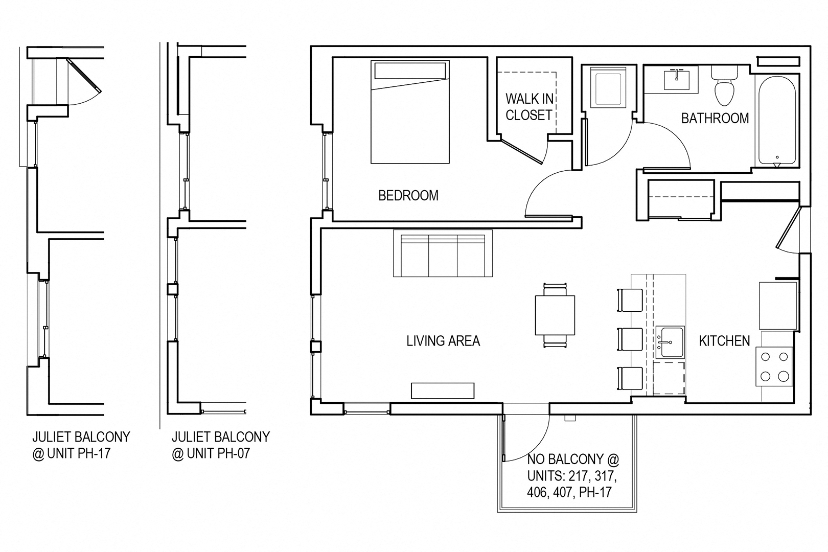 Floor plan for 1 bed, 1 bath, 733 sqft