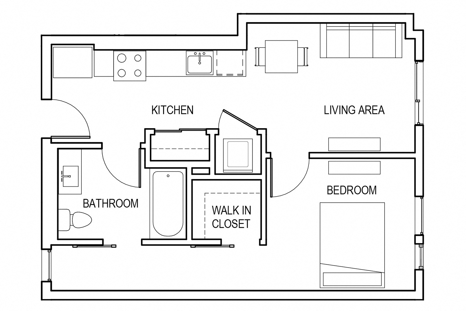 Floor plan for 1 bed, 1 bath, 605 sqft