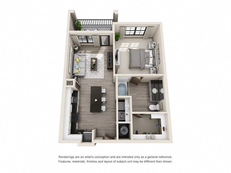 Floor plan for 1 bed, 1 bath, 751 sqft