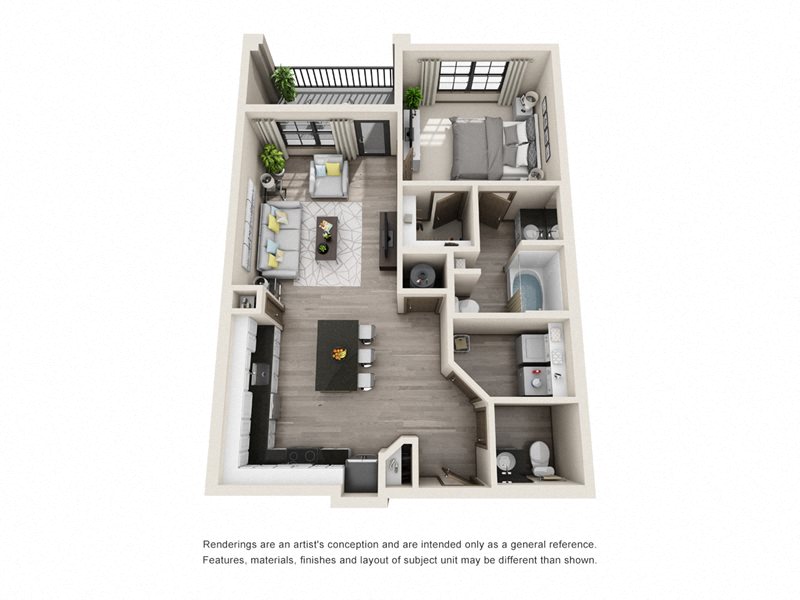 Floor plan for 1 bed, 1.5 baths, 827 sqft