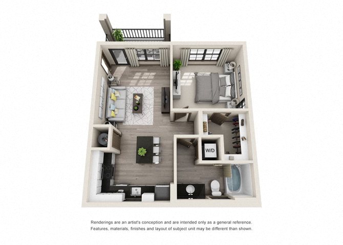 Floor plan for 1 bed, 1 bath, 687 sqft