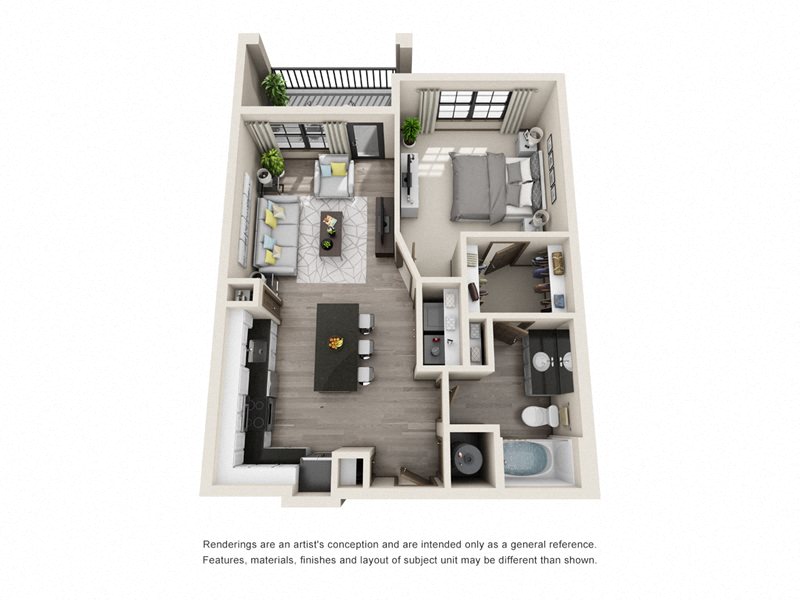 Floor plan for 1 bed, 1 bath, 751 sqft