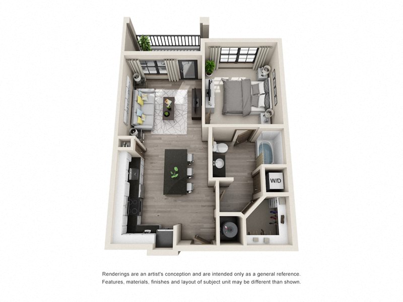 Floor plan for 1 bed, 1 bath, 664 sqft