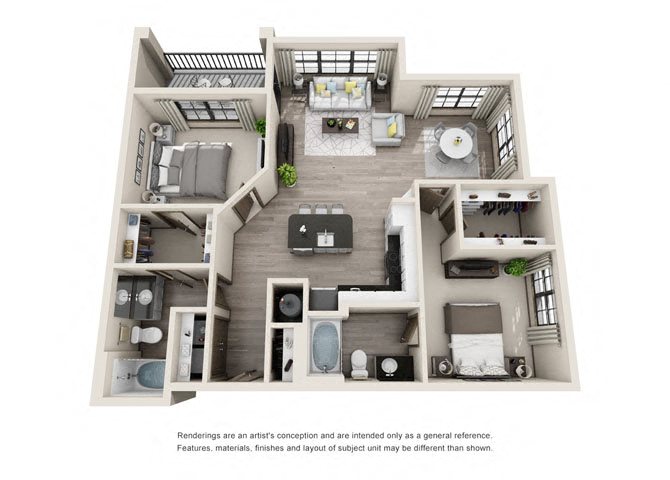Floor plan for 2 beds, 2 baths, 1202 sqft
