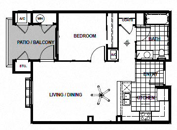 Floor plan for 1 bed, 1 bath, 667 sqft