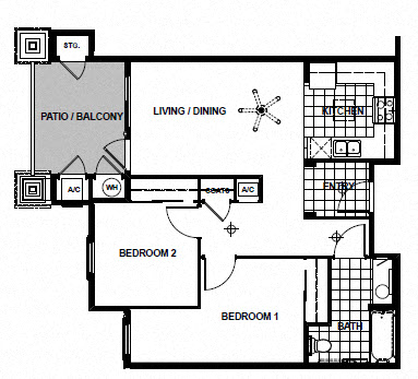 Floor plan for 2 beds, 1 bath, 802 sqft