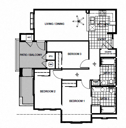 Floor plan for 3 beds, 2 baths