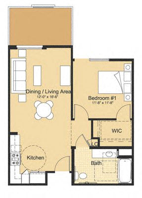 Floor plan for 1 bed, 1 bath, 675 sqft