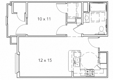Floor plan for 1 bed, 1 bath, 524 sqft