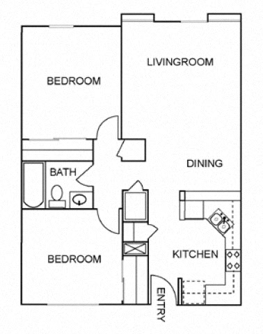 Floor plan for 2 beds, 1 bath, 885 sqft