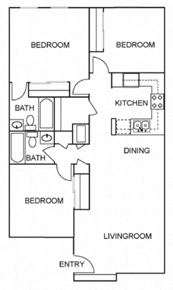 Floor plan for 3 beds, 2 baths, 1086 sqft