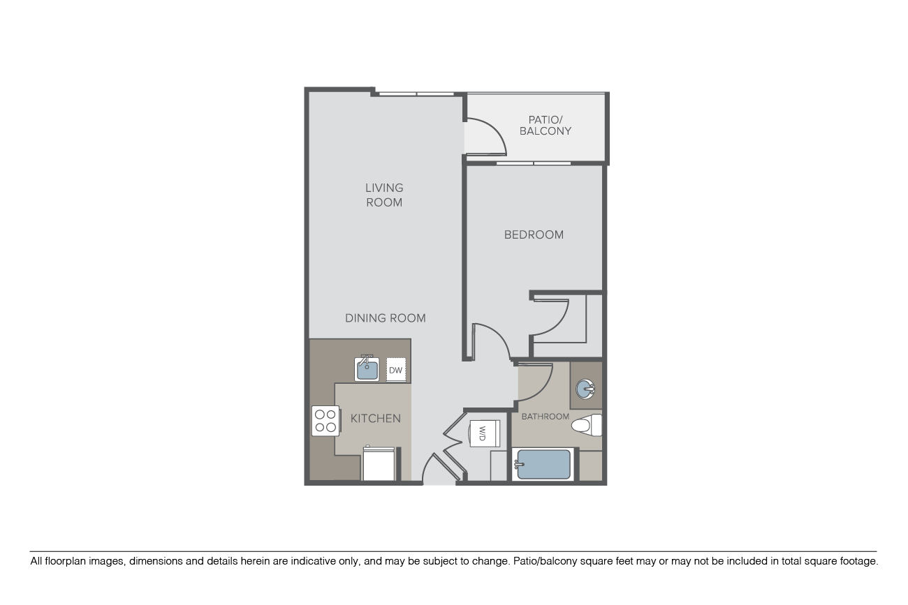 Floor plan for 1 bed, 1 bath, 723 sqft