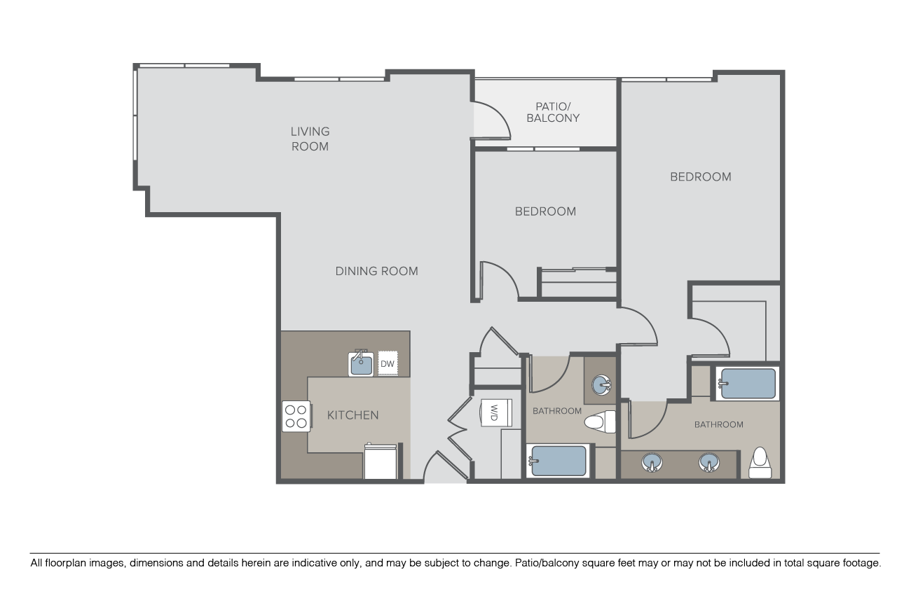 Floor plan for 2 beds, 2 baths, 1355 sqft
