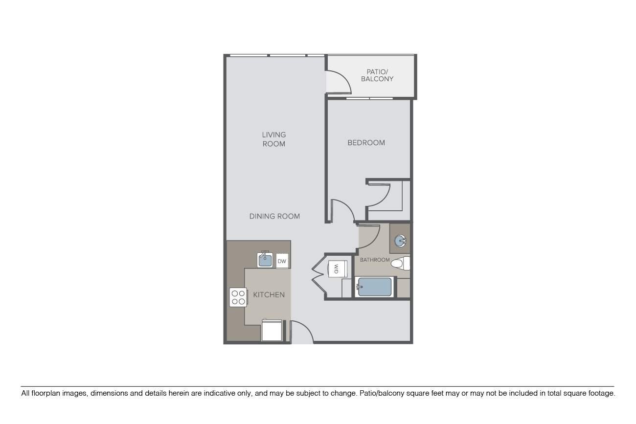 Floor plan for 1 bed, 1 bath, 852 sqft