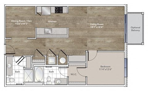Floor plan for 1 bed, 1 bath, 1009 sqft