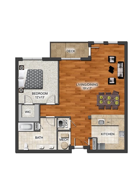 Floor plan for 1 bed, 1 bath, 1141 sqft