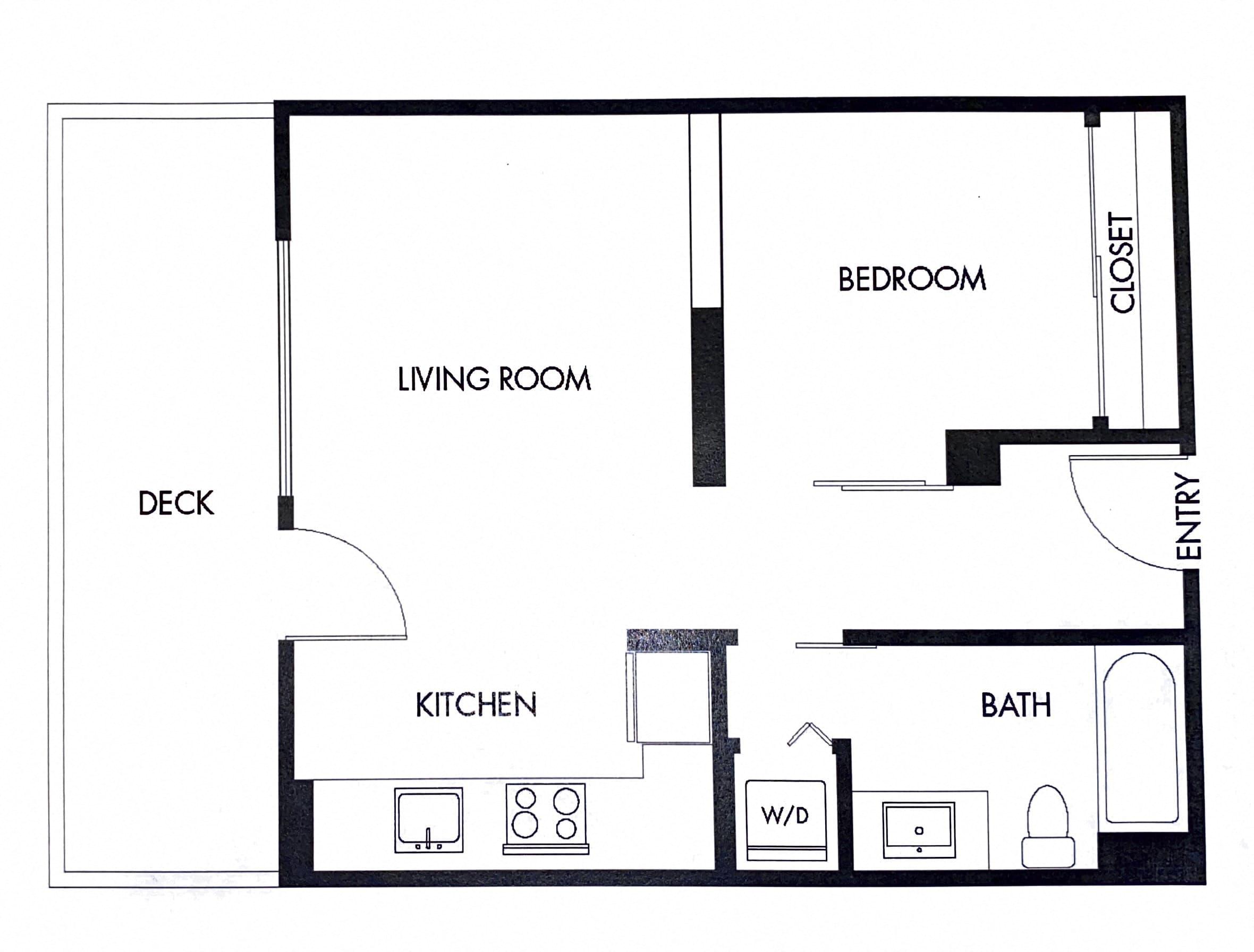 Floor plan for 1 bed, 1 bath, 539 sqft