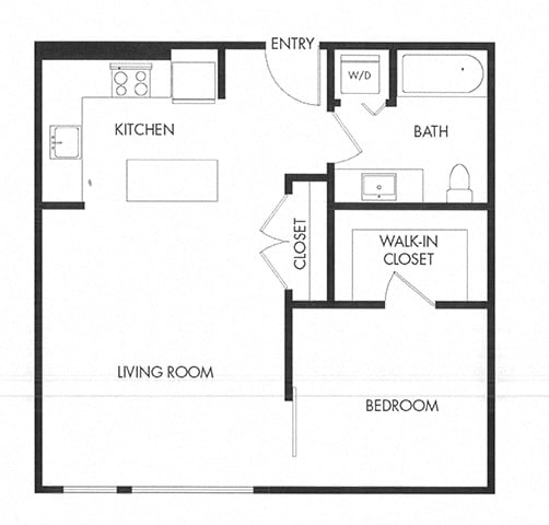Floor plan for 1 bed, 1 bath, 648 sqft