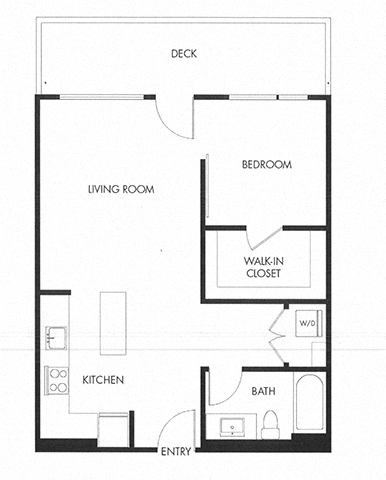 Floor plan for 1 bed, 1 bath, 671 sqft