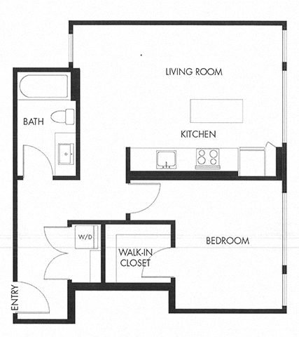 Floor plan for 1 bed, 1 bath, 688 sqft