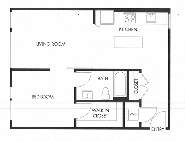 Floor plan for 1 bed, 1 bath, 730 sqft