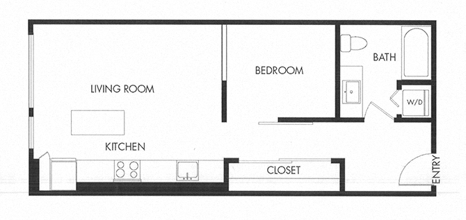 Floor plan for 1 bed, 1 bath, 615 sqft
