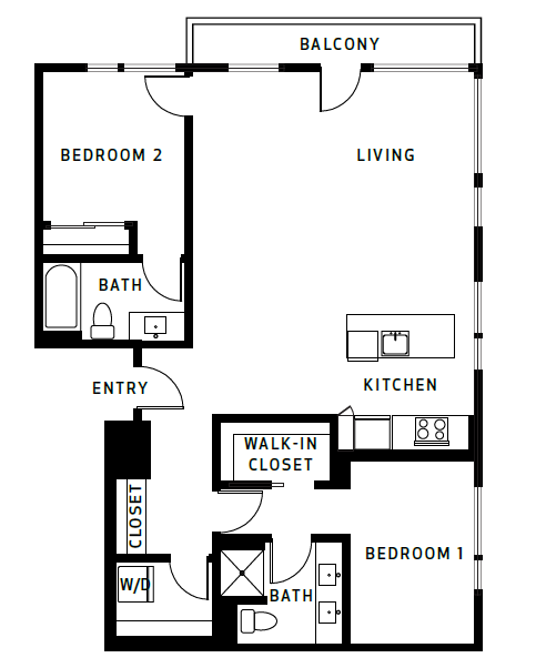 Floor plan for 2 beds, 2 baths, 1223 sqft