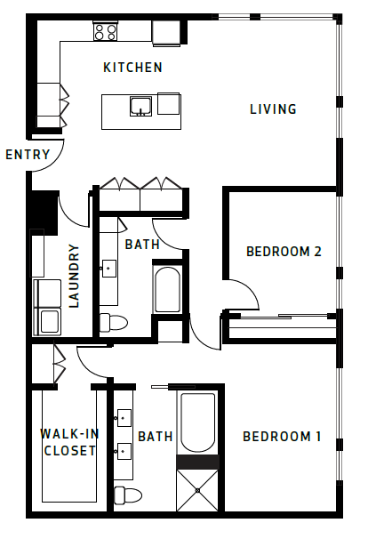 Floor plan for 2 beds, 2 baths, 1374 sqft