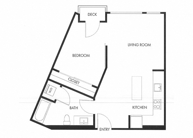 Floor plan for 1 bed, 1 bath, 598 sqft