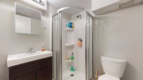 Ottawa apartment for rent - a bathroom with a shower and a sink and a toilet